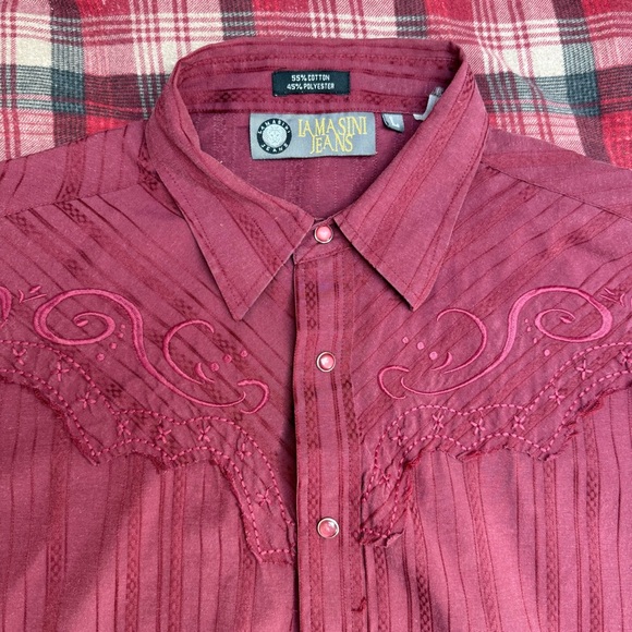 Vintage 90s Burgundy Pearl Snap Button Embroidered Western Shirt - Picture 7 of 9